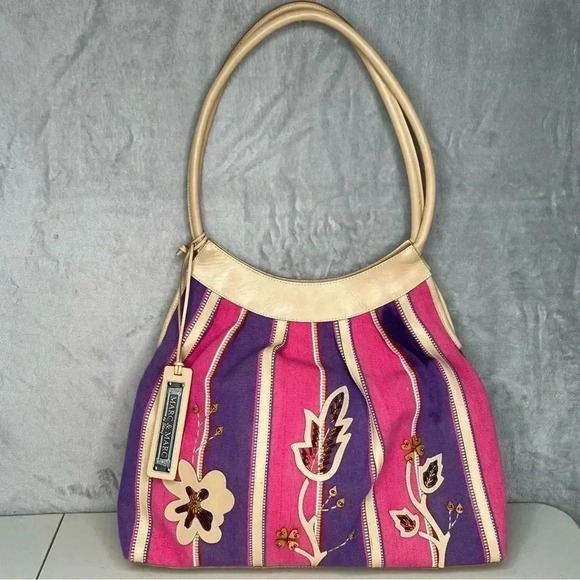Sharif Marc & Marc Striped Beaded Floral Patch Large Leather/Canvas Tote Bag - Picture 1 of 15